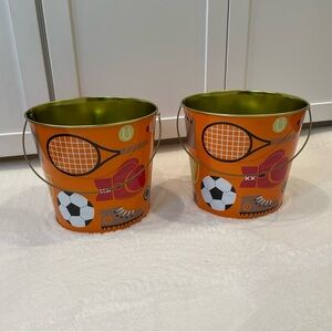 Set of 2 Orange Sports-Themed Metal Buckets